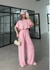 Oysh Modal Kumaş Beli Lastikli Pembe Crop Takım