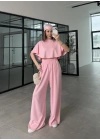 Oysh Modal Kumaş Beli Lastikli Pembe Crop Takım