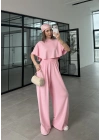 Oysh Modal Kumaş Beli Lastikli Pembe Crop Takım