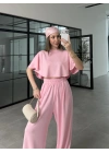 Oysh Modal Kumaş Beli Lastikli Pembe Crop Takım