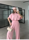 Oysh Modal Kumaş Beli Lastikli Pembe Crop Takım