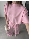 Oysh Modal Kumaş Beli Lastikli Pembe Crop Takım
