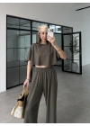 Oysh Modal Kumaş Beli Lastikli Haki Crop Takım