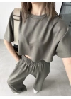 Oysh Modal Kumaş Beli Lastikli Haki Crop Takım