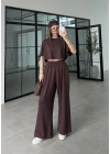 Oysh Modal Kumaş Beli Lastikli Kahve Crop Takım