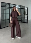 Oysh Modal Kumaş Beli Lastikli Kahve Crop Takım
