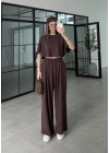 Oysh Modal Kumaş Beli Lastikli Kahve Crop Takım