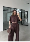 Oysh Modal Kumaş Beli Lastikli Kahve Crop Takım