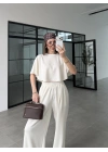 Oysh Modal Kumaş Beli Lastikli Beyaz Crop Takım