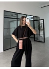 Oysh Modal Kumaş Beli Lastikli Siyah Crop Takım