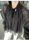 Loya Bağlamalı Siyah Şifon Bluz