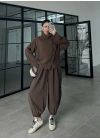 Dik Yaka Kare Desenli Tensel Kahve Şalvar Takım