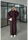 Yarasa Kol Oversize Çizgili Bordo Takım