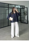 Sofi Tek Düğme Oversize Tensel Lacivert Gömlek