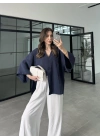 Sofi Tek Düğme Oversize Tensel Lacivert Gömlek