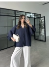 Sofi Tek Düğme Oversize Tensel Lacivert Gömlek