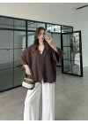 Sofi Tek Düğme Oversize Tensel Kahve Gömlek