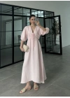 Önü Bağlamalı Uzun Müslin Pembe Elbise