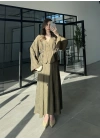İthal Kumaş Kuşaklı Etekli Haki Takım