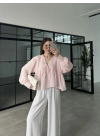 Müslin Kumaş Önü Bağcıklı Pembe Bluz