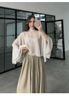 Puantiyeli Şifon Beyaz Panço Bluz