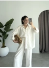 Anna Oversize Keten Ekru Palazzo Takım