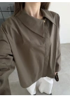 Asimetrik Yaka Oversize Haki Gömlek