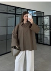 Asimetrik Yaka Oversize Haki Gömlek