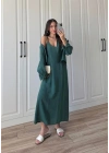 Askılı Zümrüt Yeşili İkili Gömlek Elbise