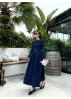 Ayla Büzgü Yaka Tasarım Lacivert Elbise