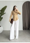 Belden Oturtmalı Pilili Camel Poplin Gömlek
