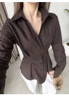 Belden Oturtmalı Pilili Kahve Poplin Gömlek