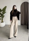 Beli Düğme Detaylı Dökümlü Taş Palazzo Pantolon