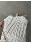 Beli Lastikli Beyaz Tensel Kırışık Etek
