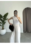 Beli Lastikli Ekru Tiril Pantolon
