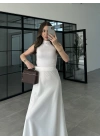Beli Lastikli Maxi Beyaz Saten Etek
