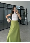 Beli Lastikli Maxi Fıstık Yeşili Saten Etek