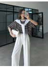 Beyaz Atkılı Çizgili T-shirt