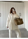 Beyaz Yandan Bağlamalı Gabardin Kimono Ceket