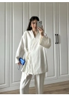 Beyaz Yandan Bağlamalı Gabardin Kimono Ceket