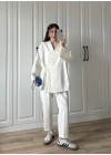 Beyaz Yandan Bağlamalı Gabardin Kimono Ceket