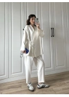 Beyaz Yandan Bağlamalı Gabardin Kimono Ceket