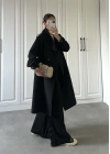 Bilek Detaylı Oversize Kuşaklı Siyah Trençkot