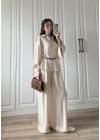 Bohem Kemerli Krinkıl Krem Oversize Takım
