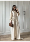 Bohem Kemerli Krinkıl Krem Oversize Takım
