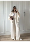 Bohem Kemerli Krinkıl Krem Oversize Takım