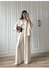 Bohem Kemerli Krinkıl Krem Oversize Takım