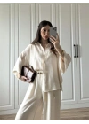 Bohem Kemerli Krinkıl Krem Oversize Takım