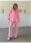 Buruş Kumaş Pile Detaylı Pembe Gömlek Takım