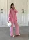 Buruş Kumaş Pile Detaylı Pembe Gömlek Takım